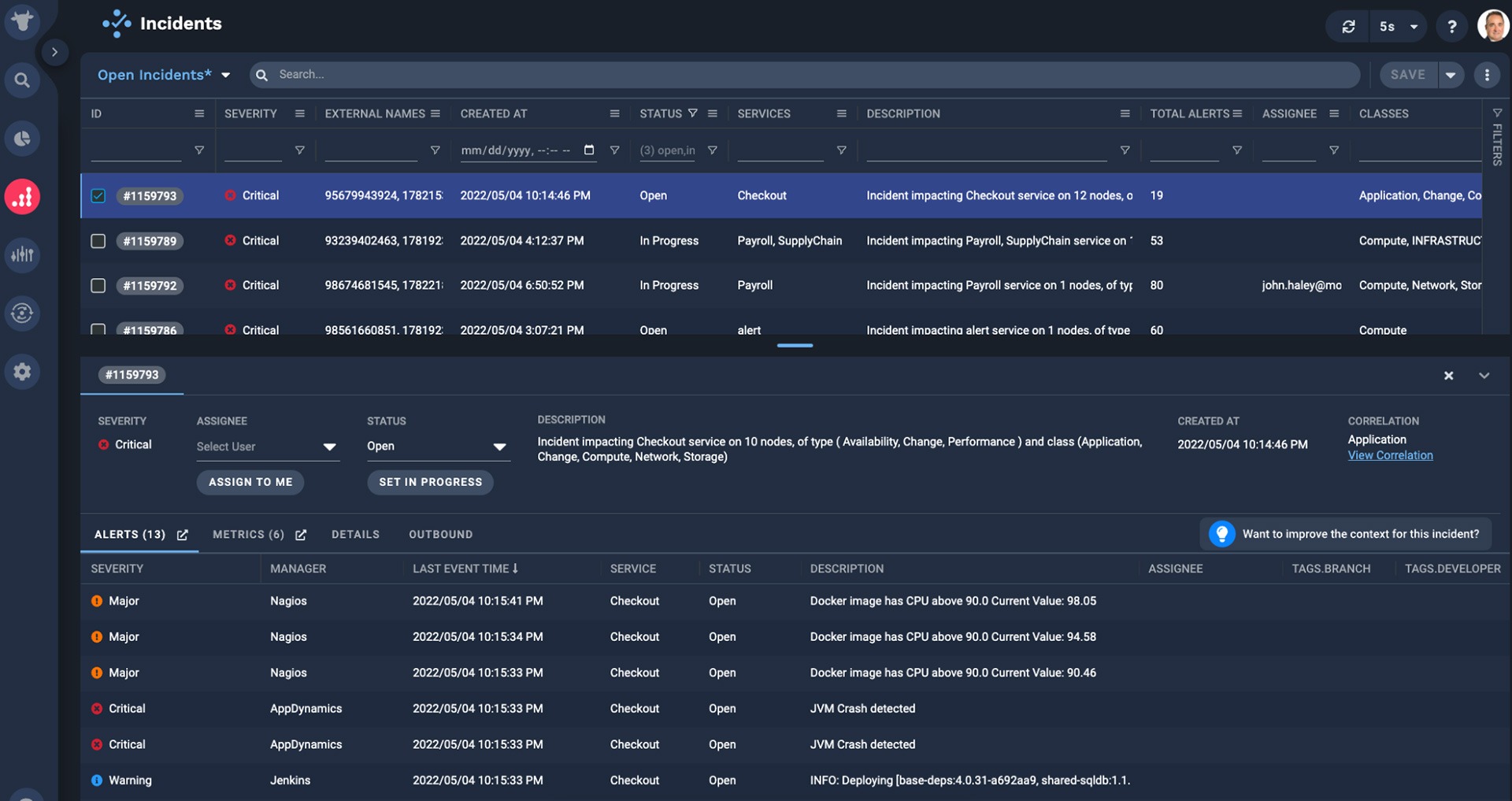 incident origin of Moogsoft software dashboard