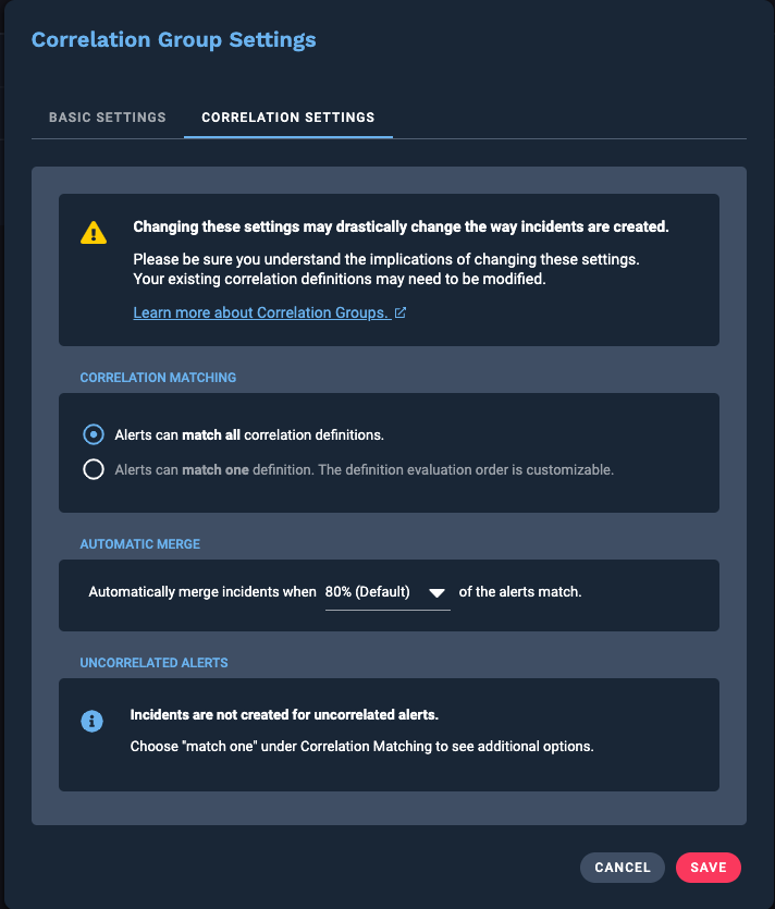 Correlation Group Settings